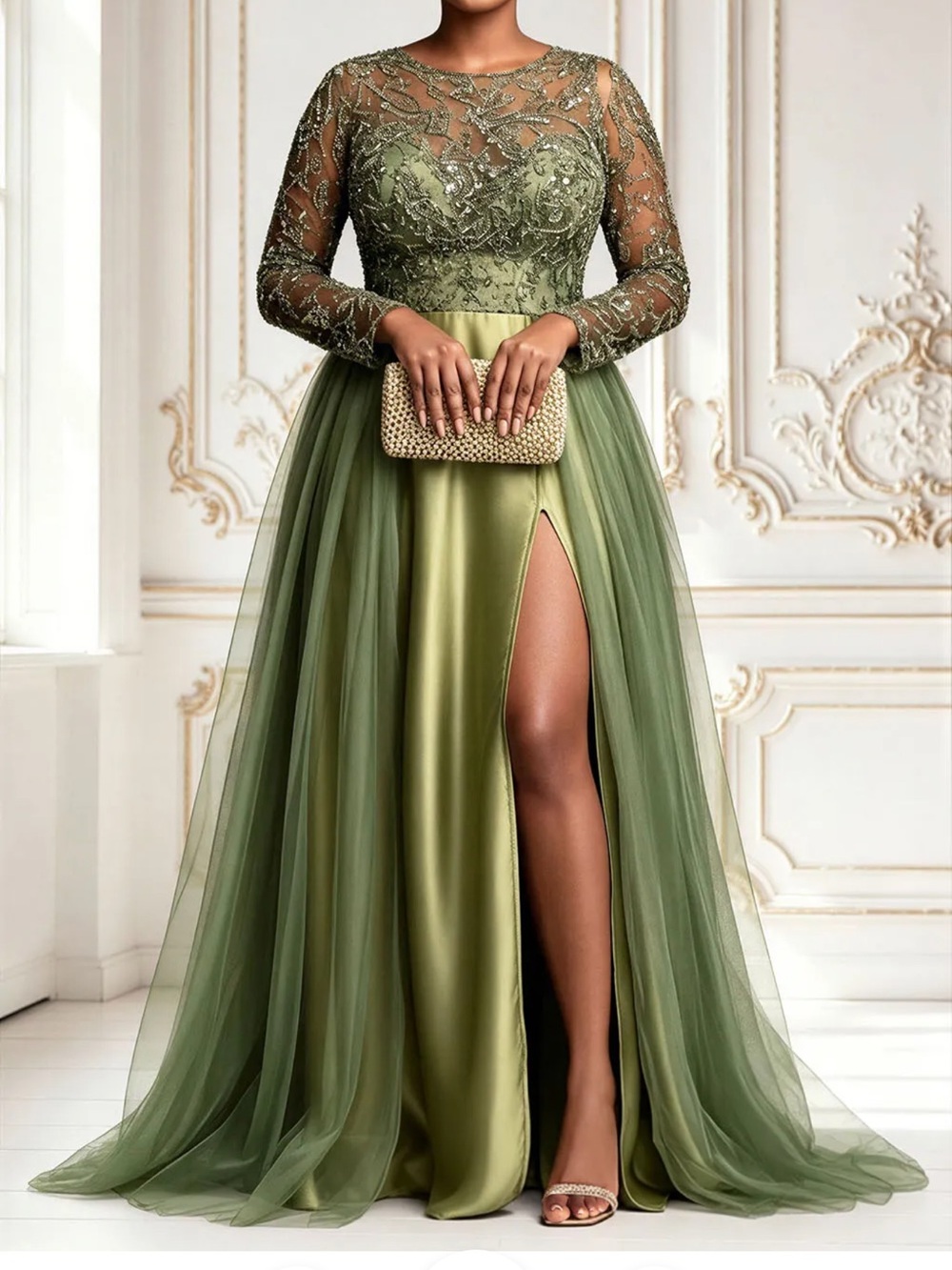 Flycurvy sage green lace and tule formal mother of the bride dress. 2x